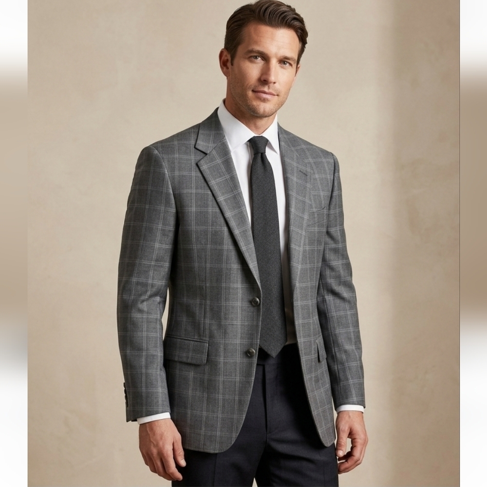 Loro Piana Italy Harry Rosen Gray Wool Sport Coat with Windowpane Fabric 42L